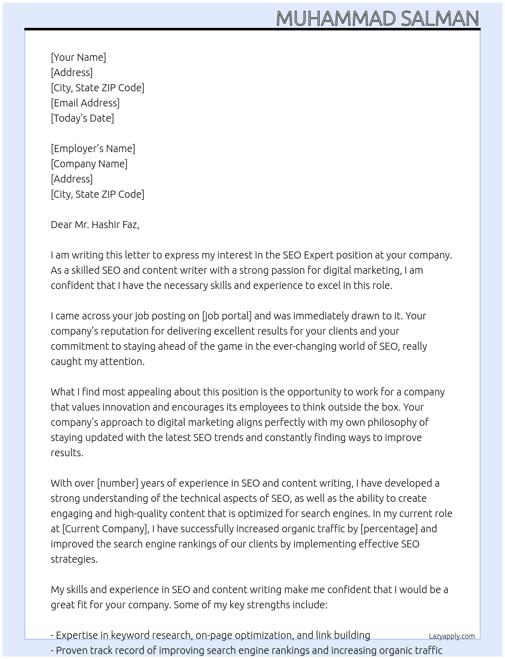 SEO Expert At Hashir Faiz Cover Letter