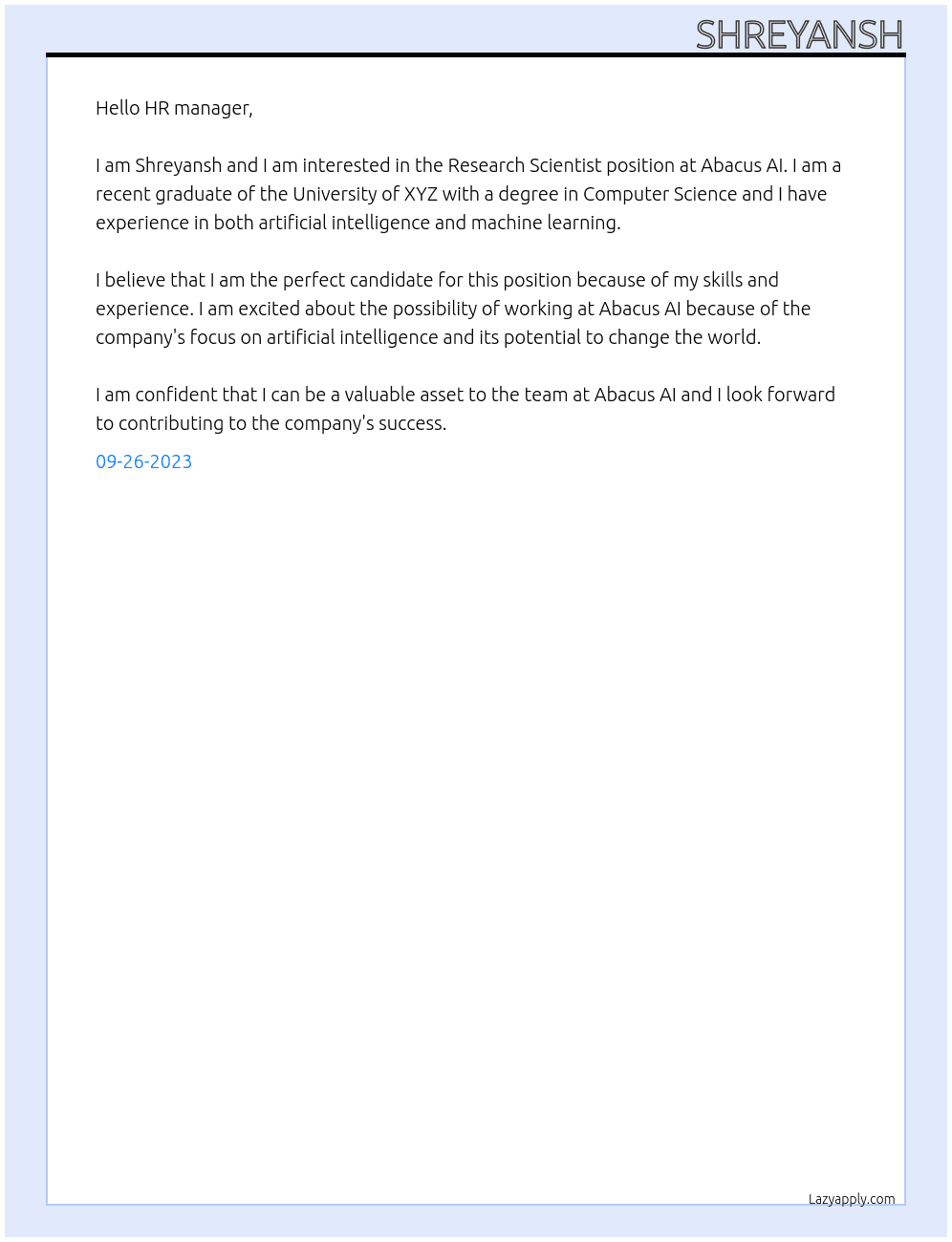 Research Scientist At Abacus AI Cover Letter
