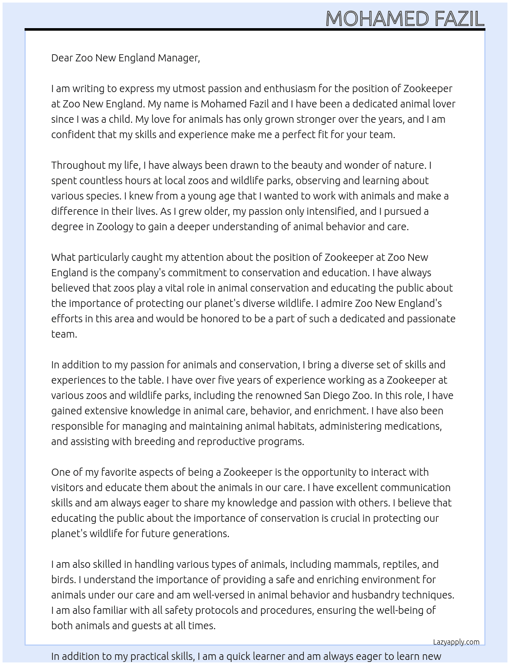 Cover letter for zookeeper - LazyApply