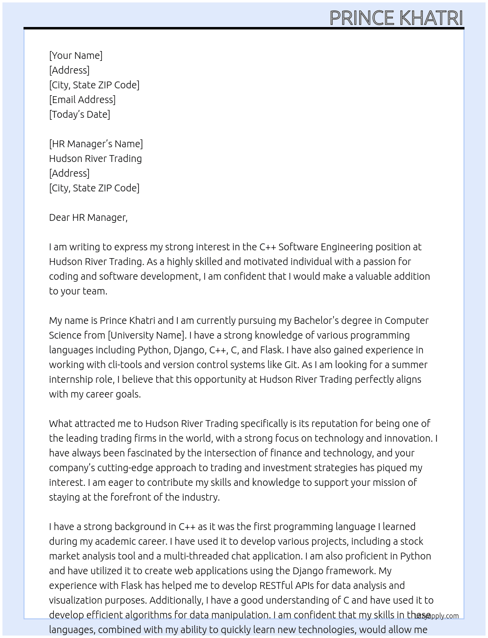 Cover letter for c++ software engineering - LazyApply