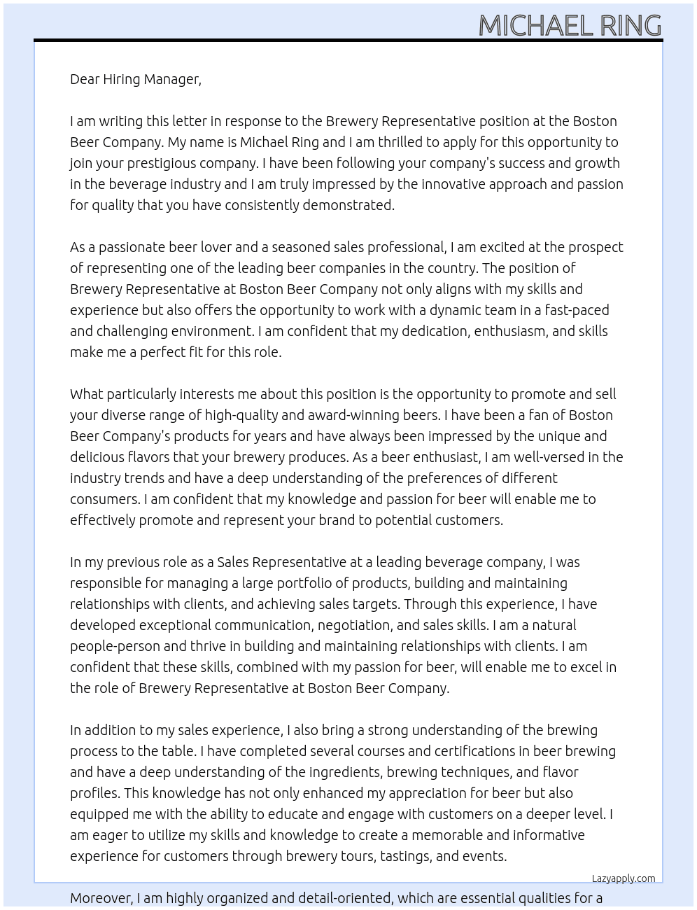 Brewery Representative At Boston Beer Company Cover Letter