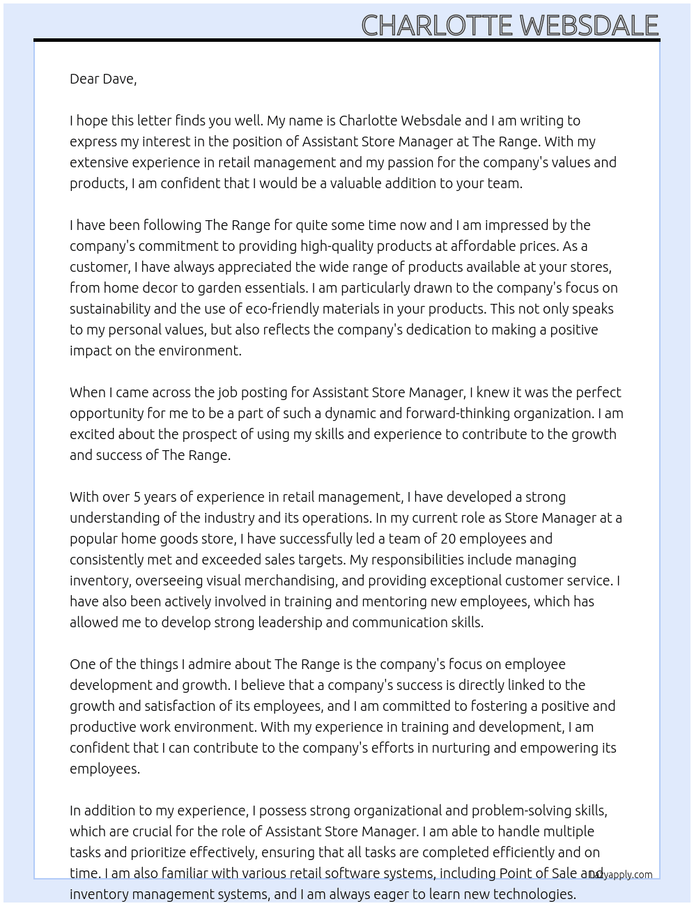 Assistant Store Manager  At The Range Cover Letter