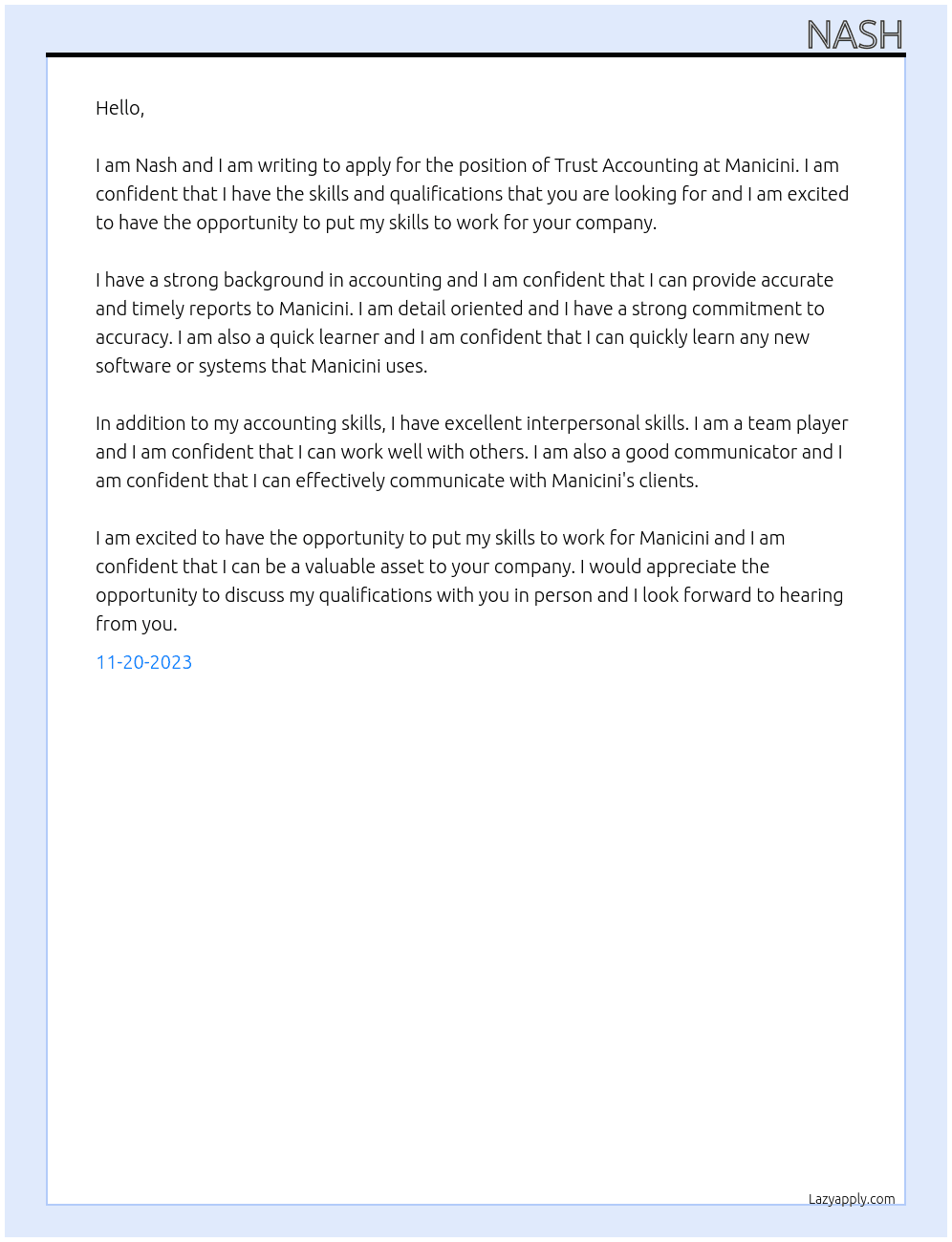 Trust Accounting At Manicini Cover Letter