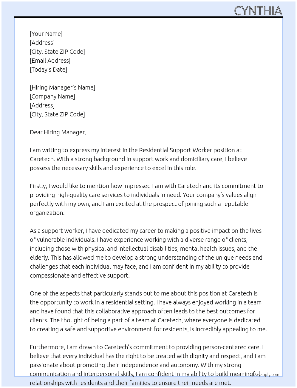 Residential support worker At Caretech  Cover Letter
