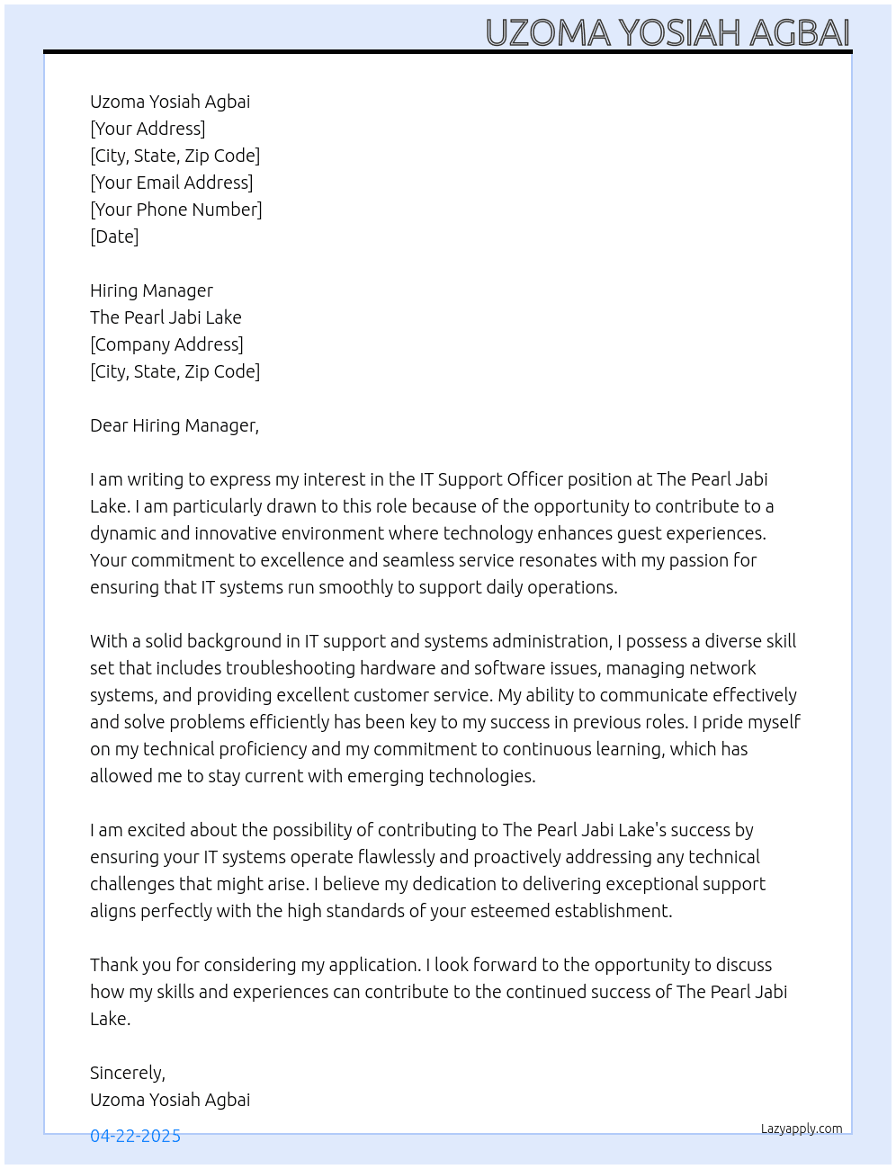 IT Support Officer At The Pearl Jabi Lake Cover Letter