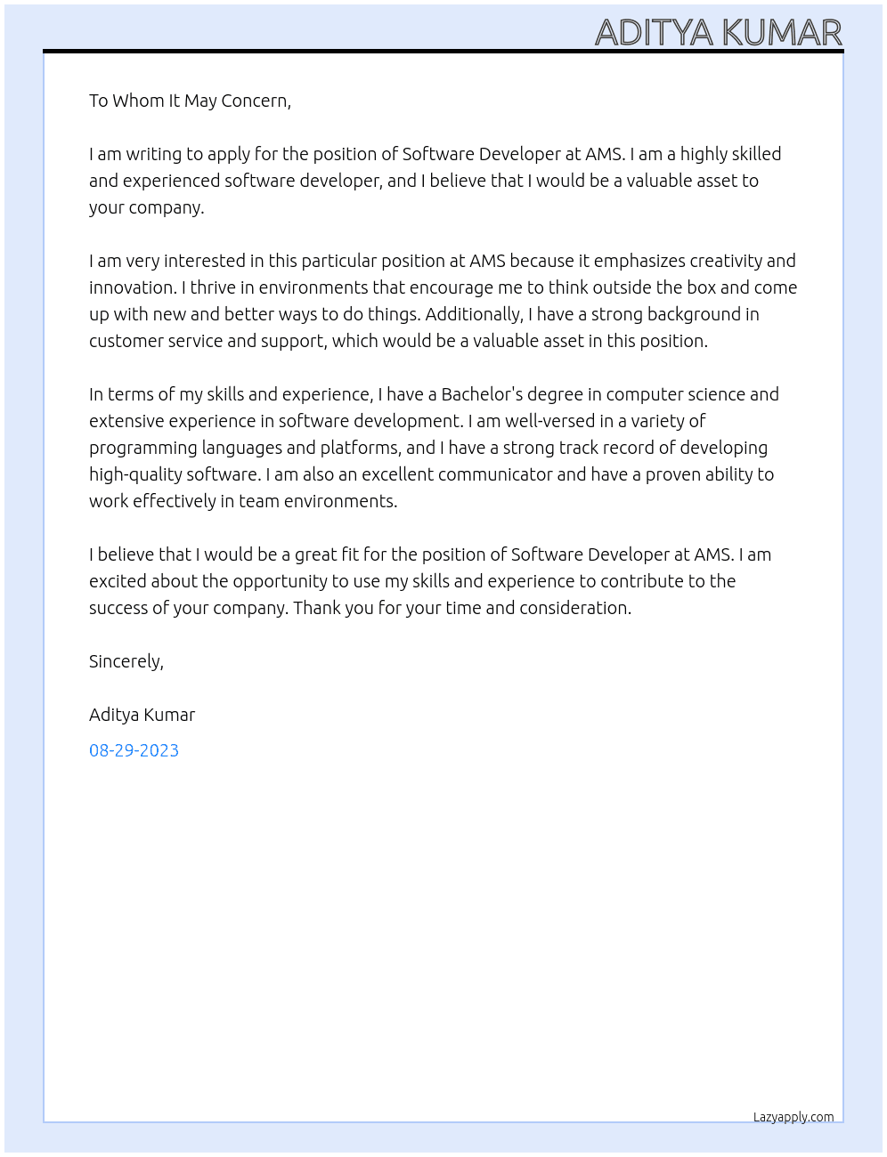 Software Developer At AMS  Cover Letter