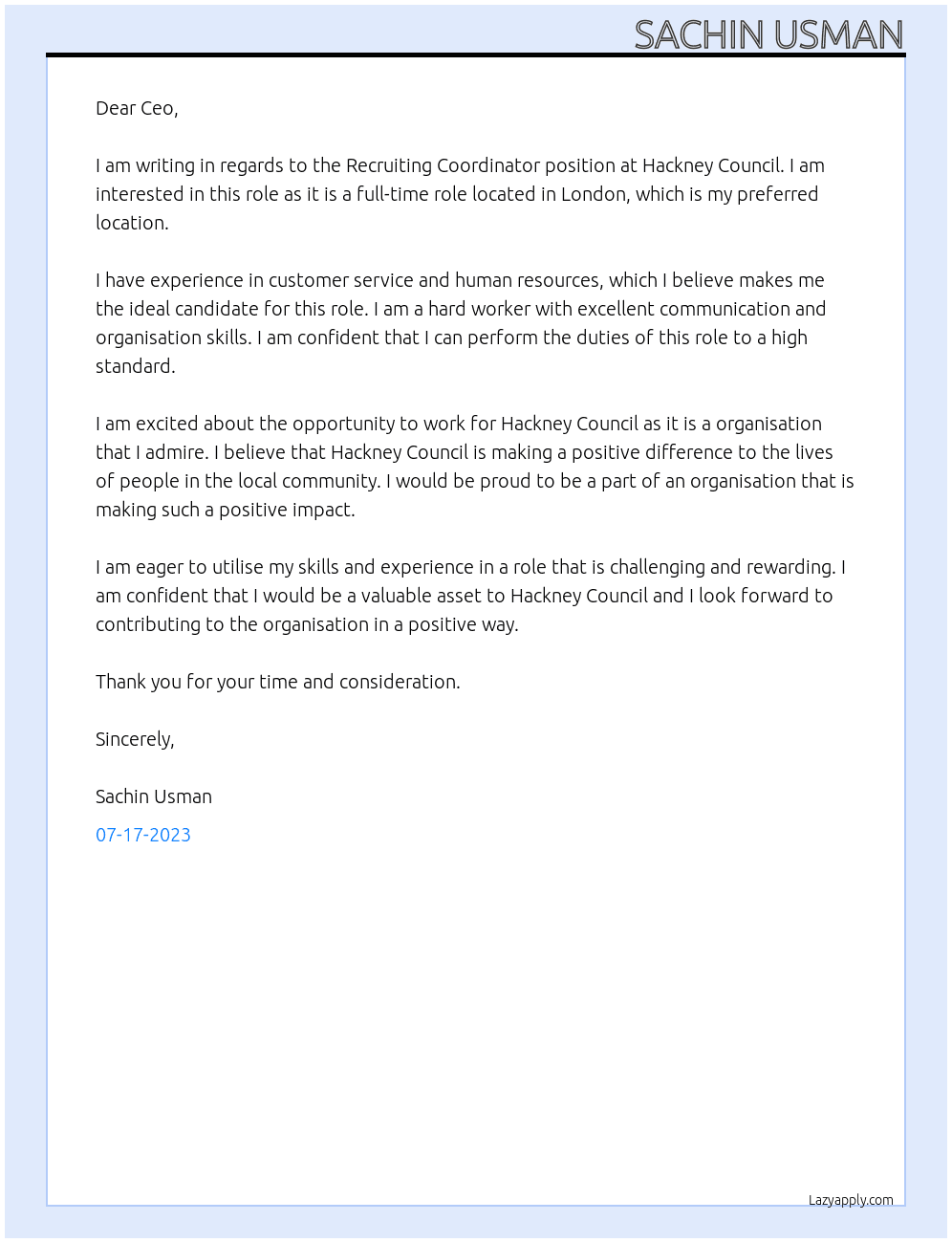 Recruiting Coordinator  At Hackney Council  Cover Letter