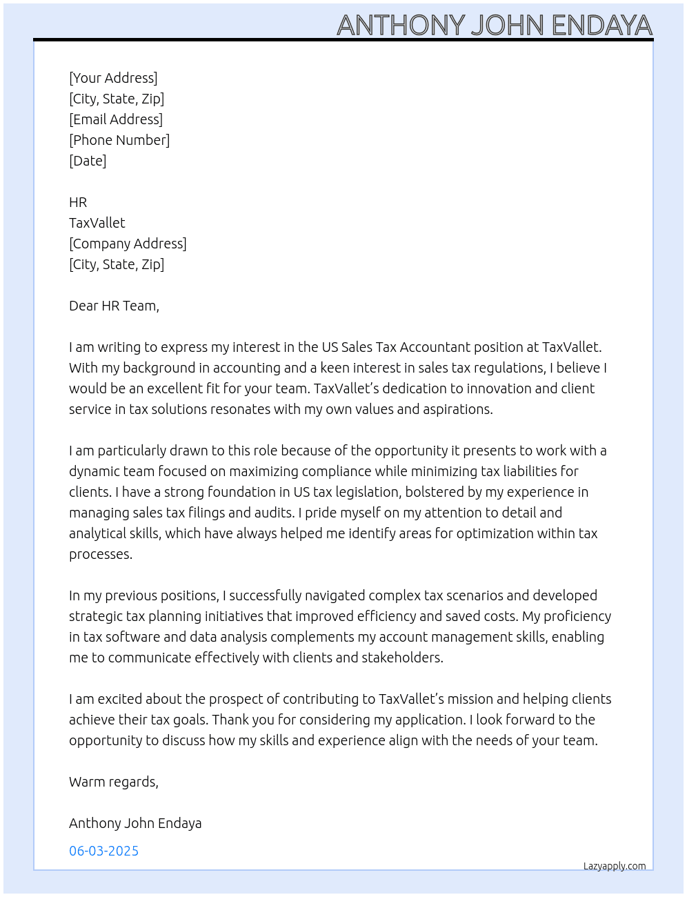 US Sales Tax Accountant At TaxVallet Cover Letter