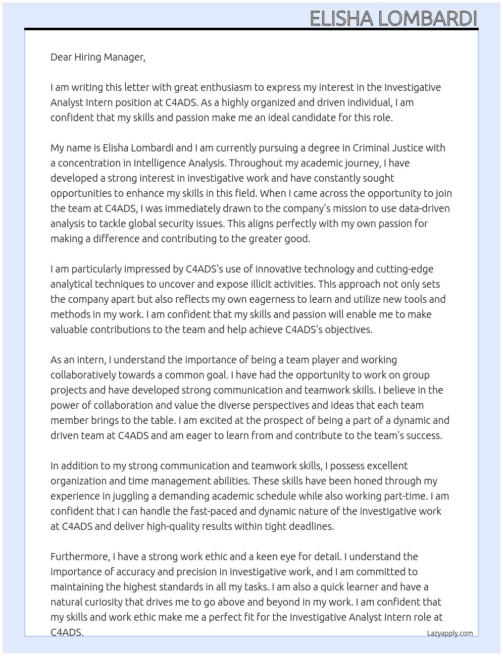 Investigative Analyst Intern At C4ADS Cover Letter
