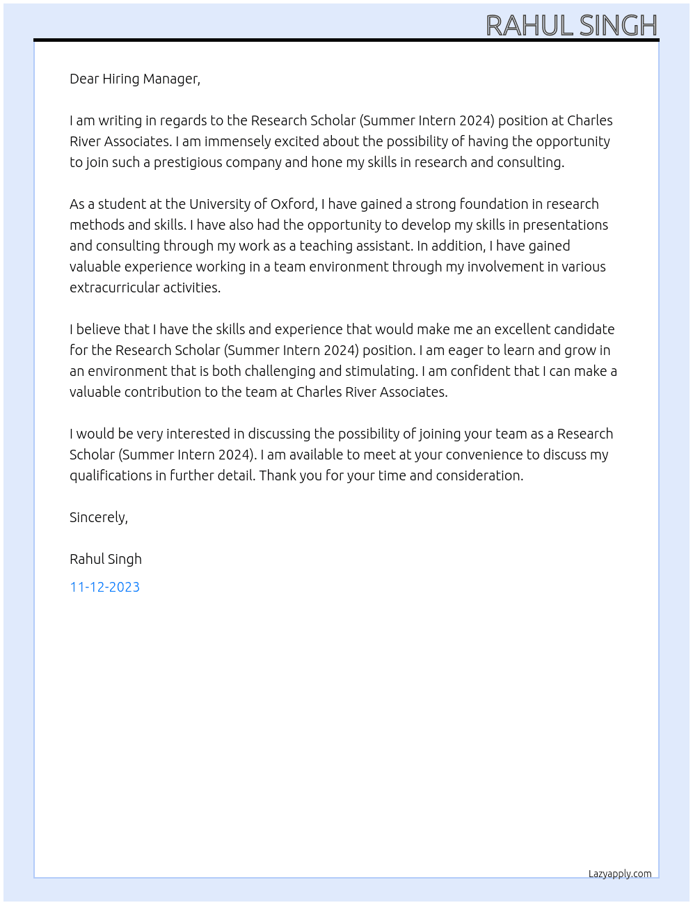 *Research Scholar (Summer Intern 2024) At Charles River Associates Cover Letter