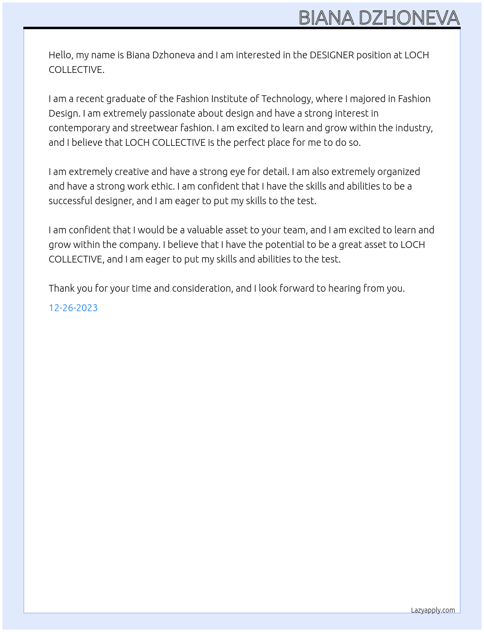 DESIGNER At LOCH COLLECTIVE Cover Letter
