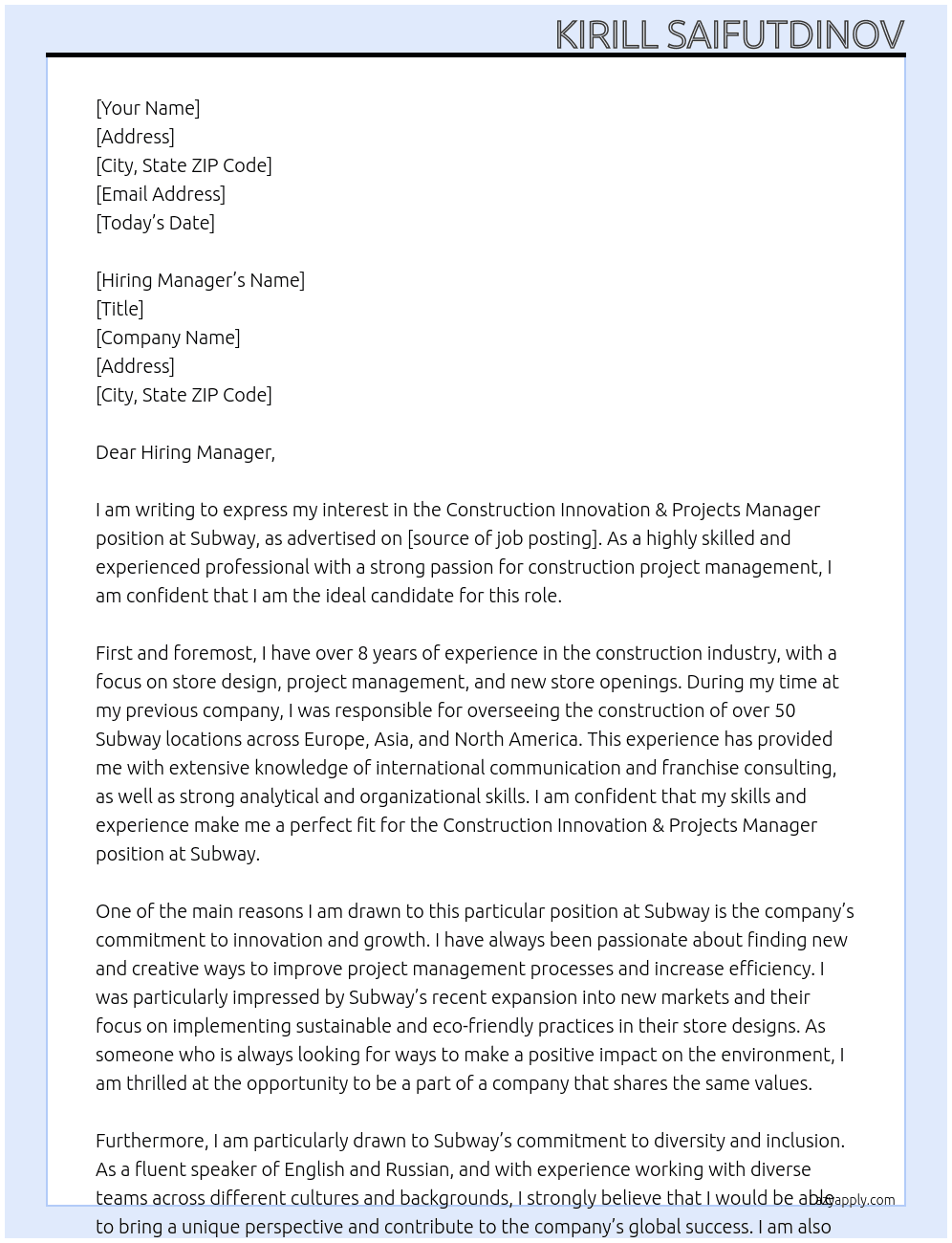 Cover letter for construction innovation & projects manager - LazyApply