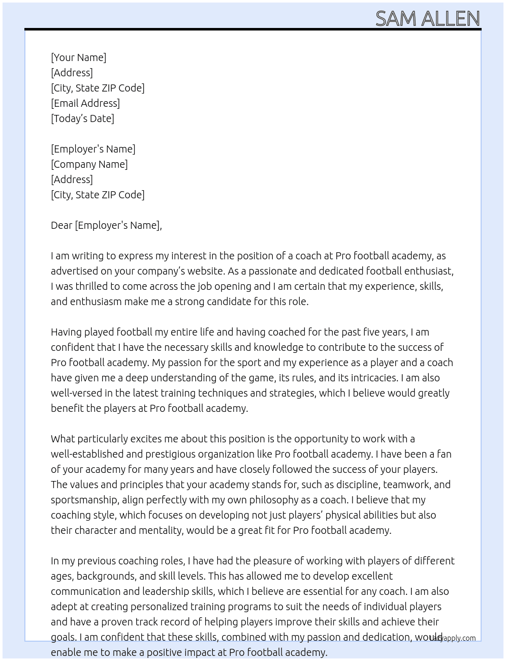 Pro football academy  At Pro football academy Cover Letter