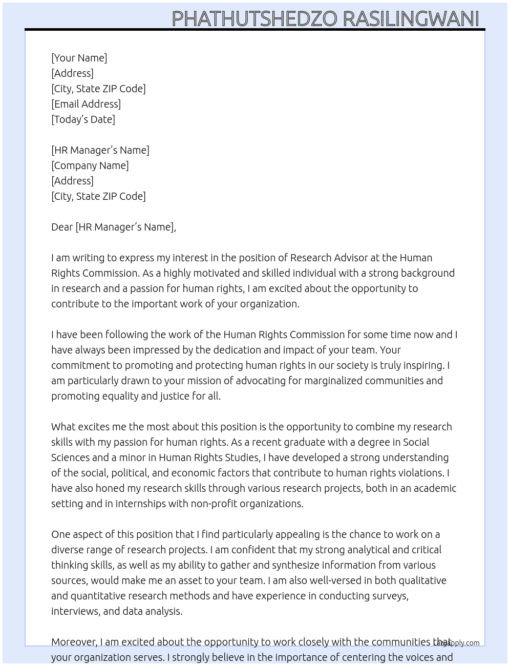 Research advisor  At Human rights commission Cover Letter