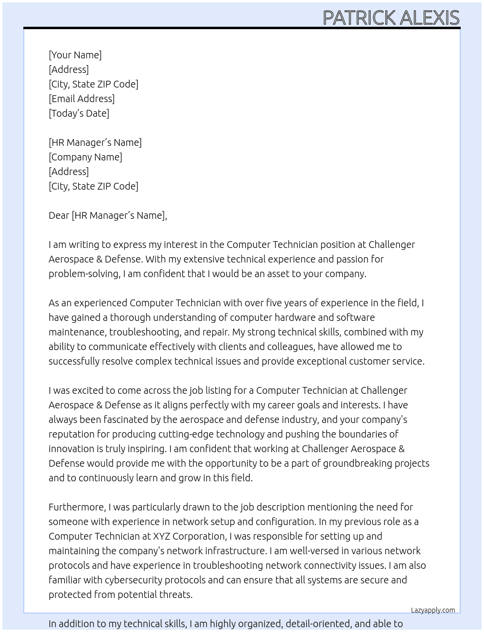 Computer Technician At Challenger Aerospace & Defense Cover Letter