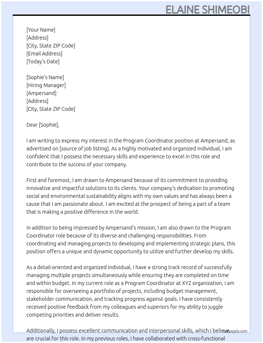 Program Coordinator At Ampersand Cover Letter