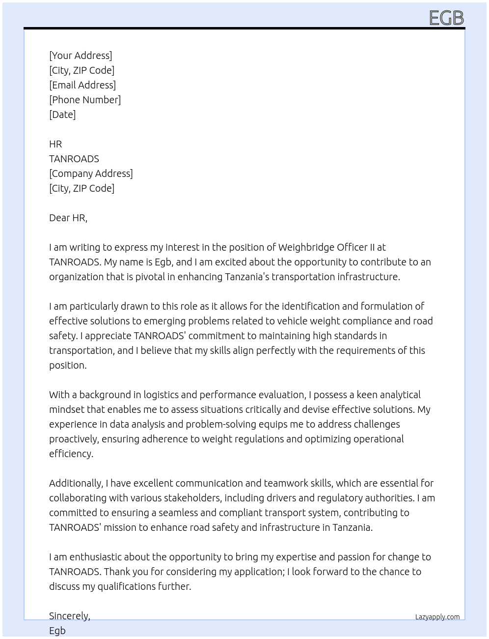 WEIGHBRIDGE OFFICER II At TANROADS Cover Letter