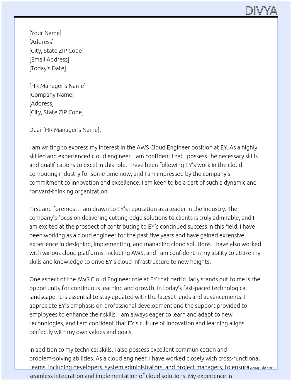 AWS Cloud Engineer At EY Cover Letter