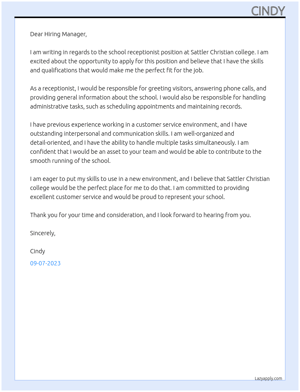 School receptionist  At Sattler Christian college Cover Letter