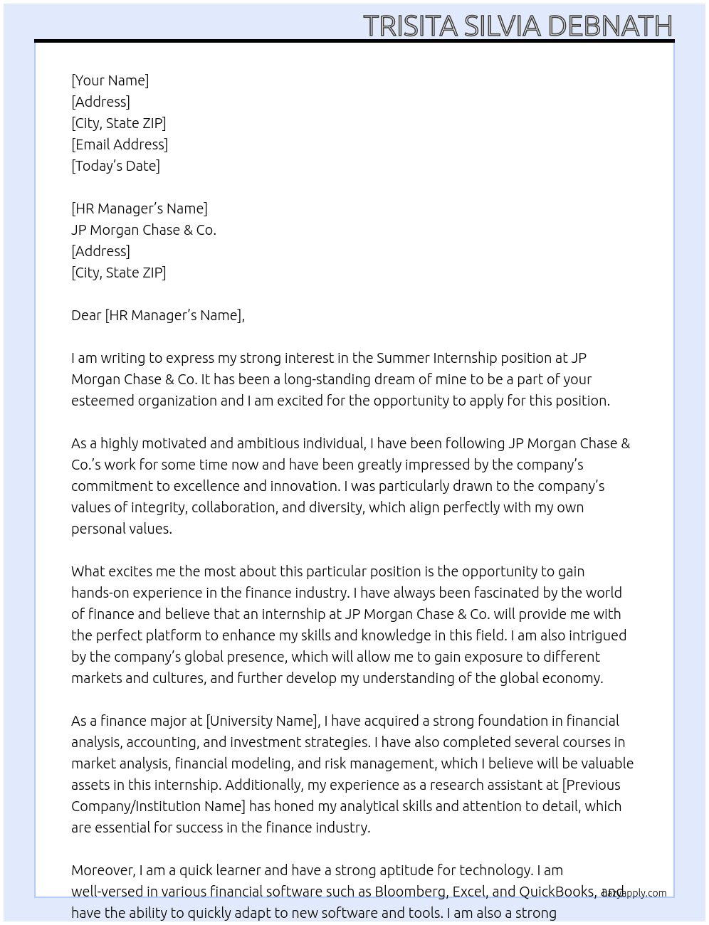 Summer Internship At JP Morgan Chase & Co. Cover Letter