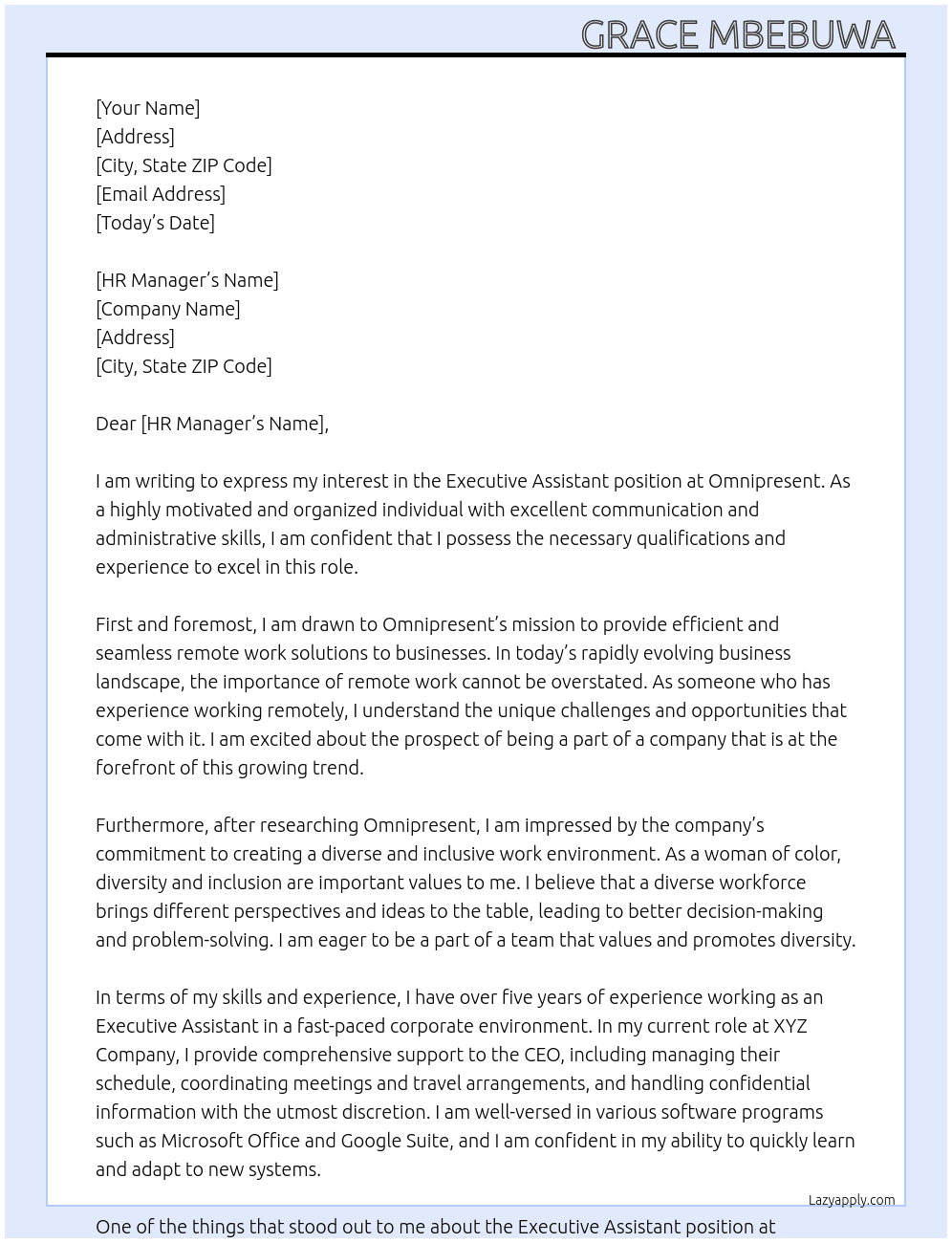 Executive assistant  At Omnipresent  Cover Letter