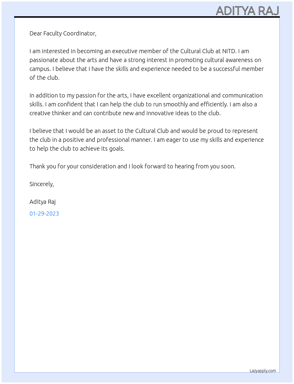 Executive Member of Cultural Club At Cultural Club NITD Cover Letter