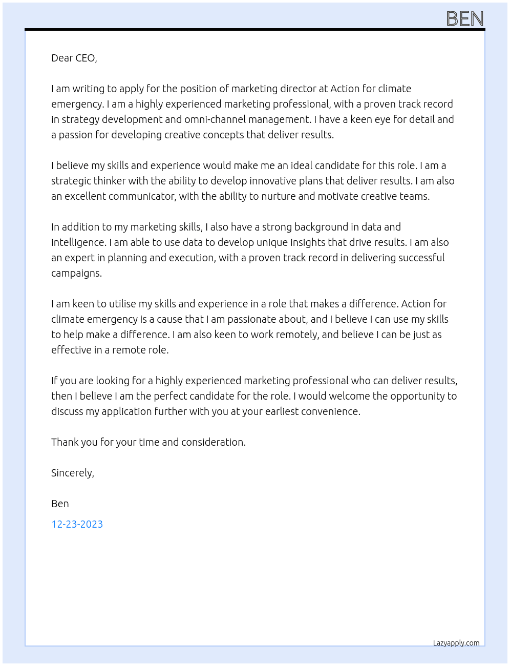 marketing director At Action for climate emergency Cover Letter