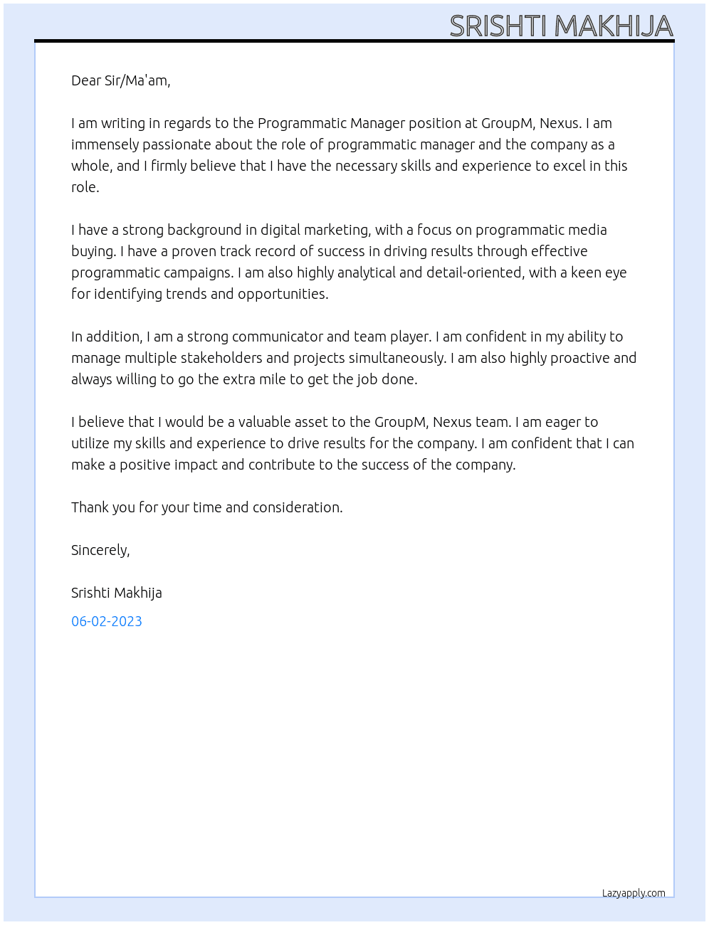Programmatic Manager At GroupM, Nexus Cover Letter