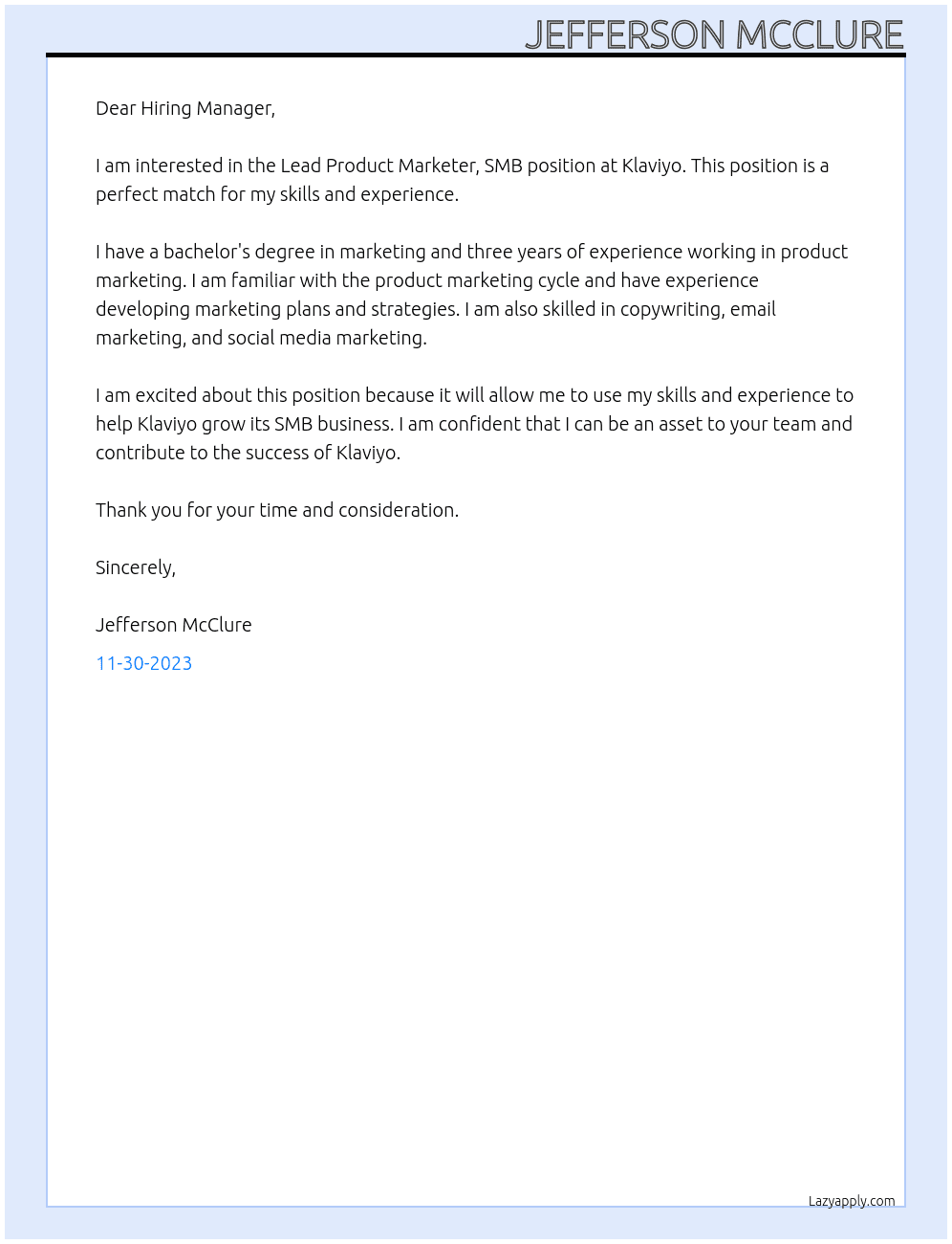 Lead Product Marketer, SMB At Klaviyo Cover Letter