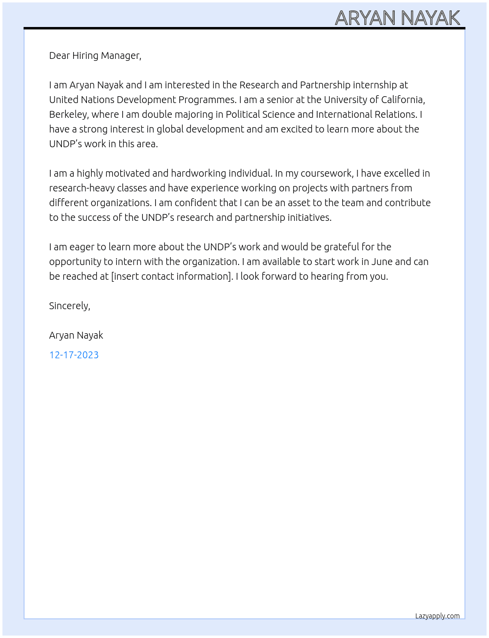Research and Partnership intern At United Nations Development Programmes  Cover Letter