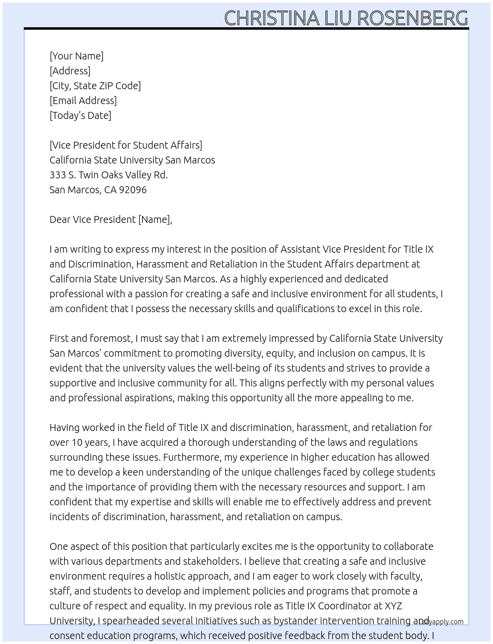 Assistant Vice President for Title IX and Discrimination, Harassment and Retaliation, Student Affairs  At California State University San Marcos Cover Letter