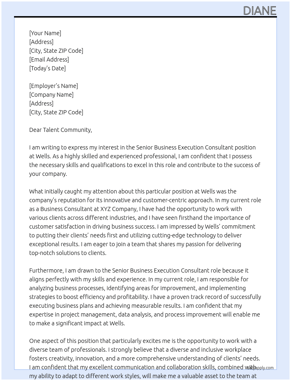 Senior Business Execution Consultant At Wells Cover Letter