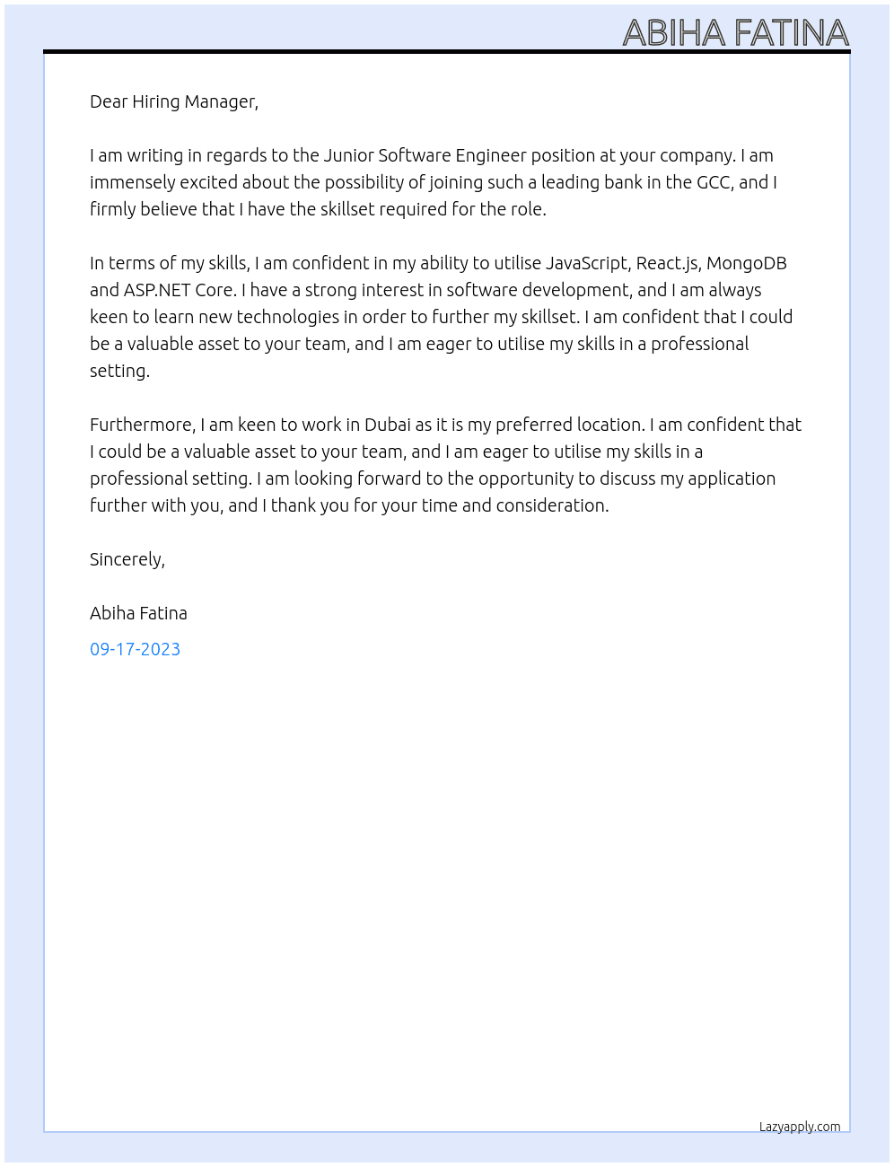 Junior Software Engineer At leading bank in the GCC Cover Letter