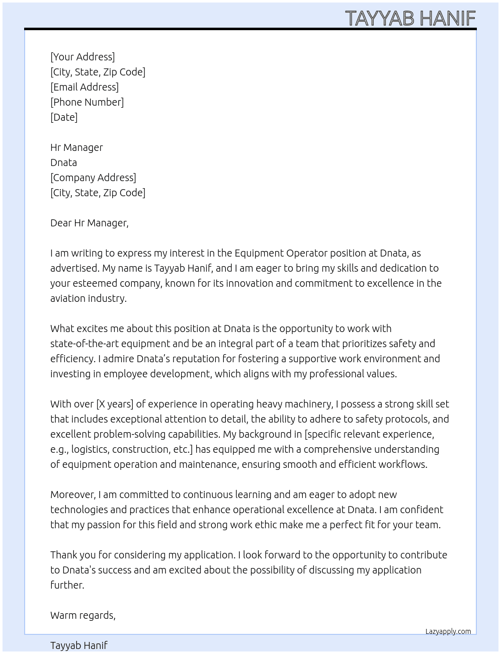 Cover letter for equipment operator - LazyApply