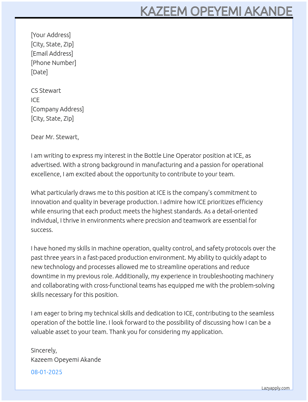 Bottle Line Operator At ICE Cover Letter