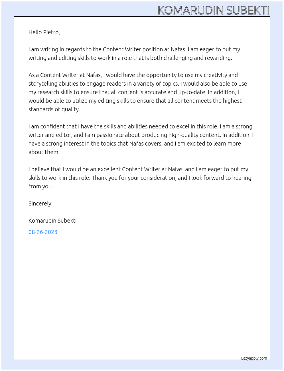 Content Writer At Nafas Cover Letter
