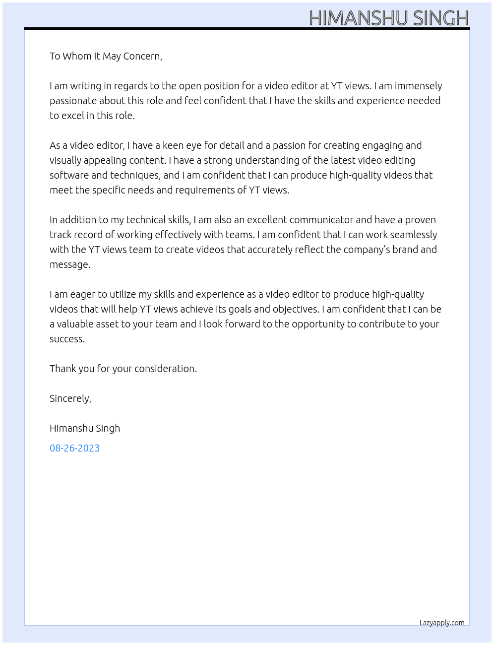 Video Editor  At YT views  Cover Letter