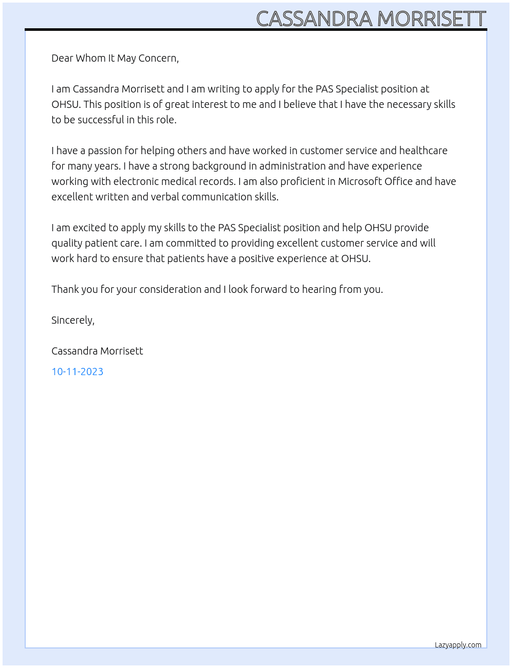 PAS Specialist At OHSU Cover Letter