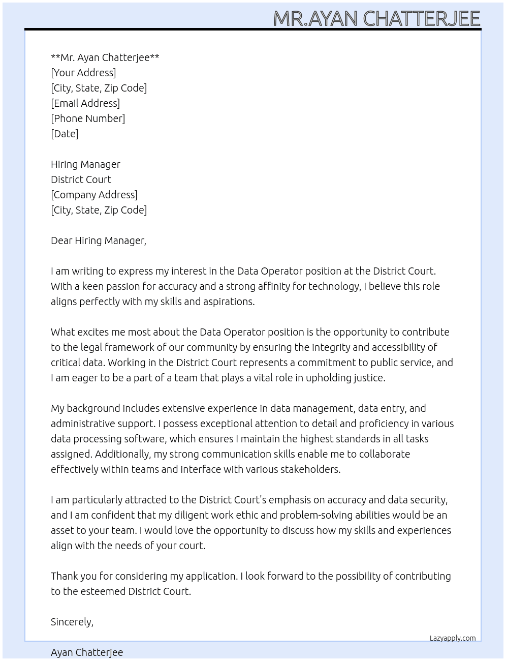 Data Operator  At District Court  Cover Letter