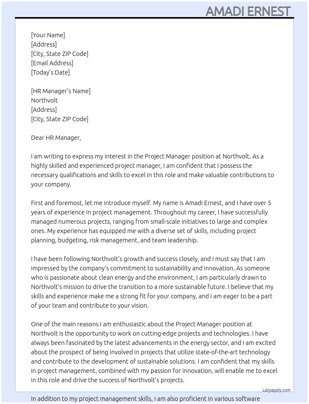 Project manager  At Northvolt Cover Letter