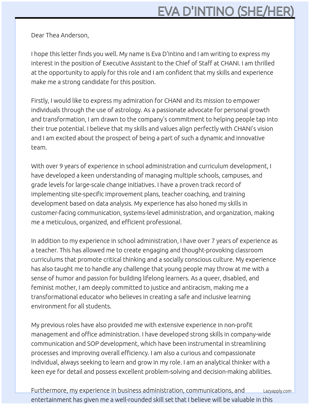Executive Assistant to the Chief of Staff At CHANI Cover Letter