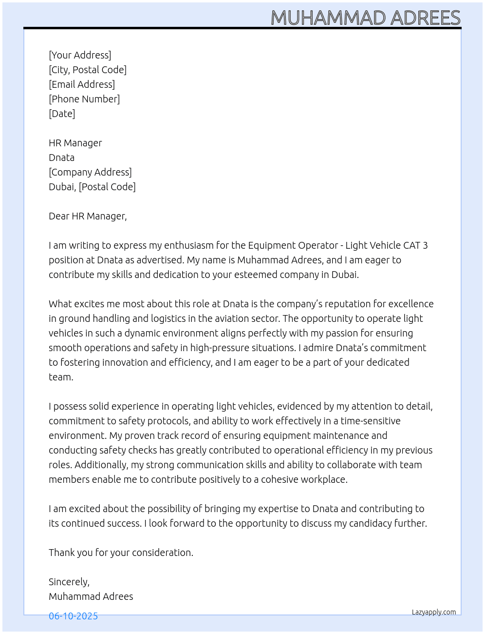 Cover letter for equipment operator - light vehicle cat 3 - LazyApply