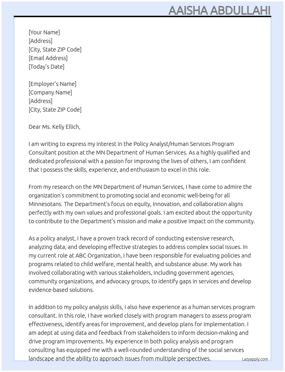 Policy Analyst / Human Services Program Consultant At MN Department of Human Services Cover Letter