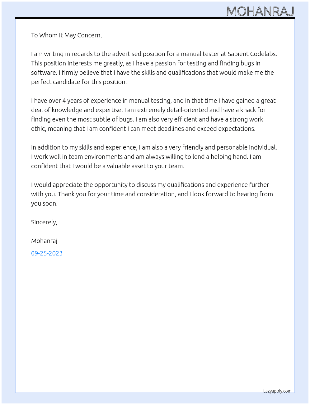 manual Testing At  Sapient Codelabs Cover Letter