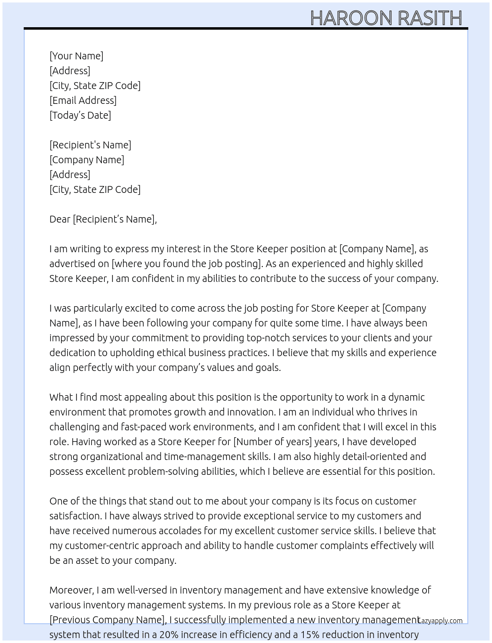 Store keeper At Consultant Cover Letter