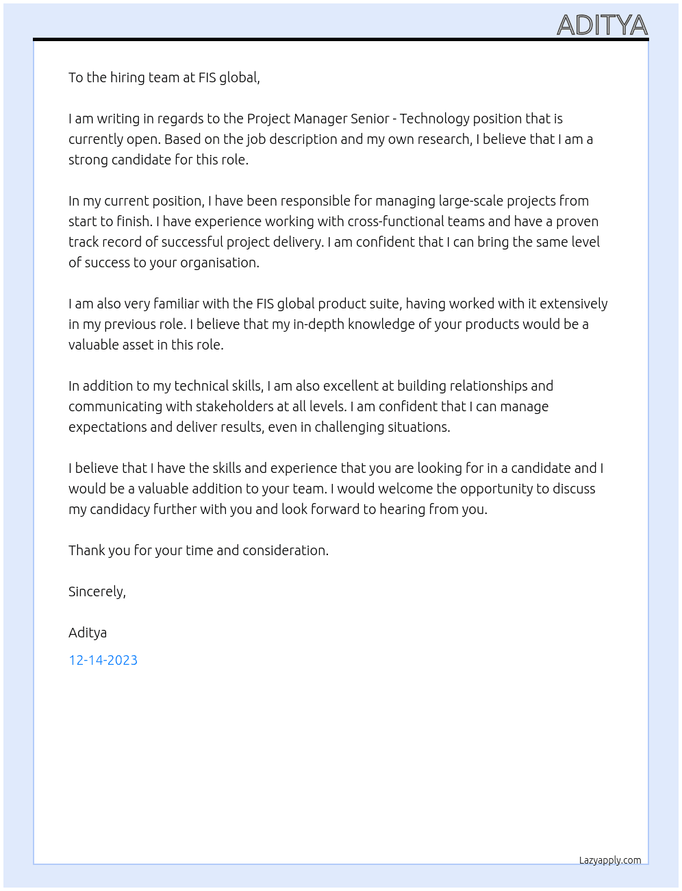 Project Manager Senior - Technology At FIS global Cover Letter