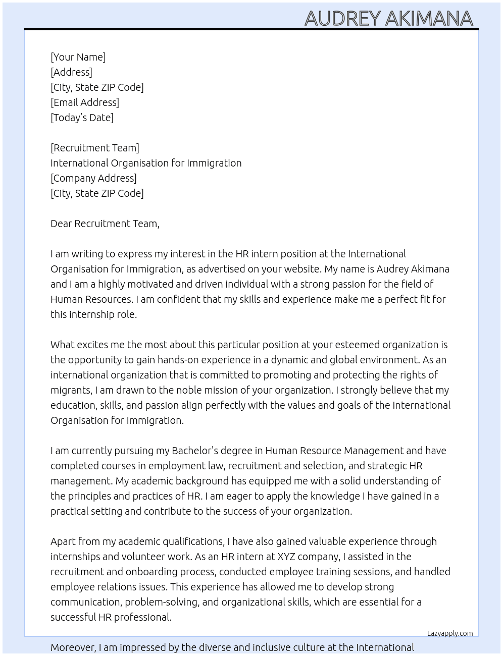 HR intern At International organisation for immigration  Cover Letter