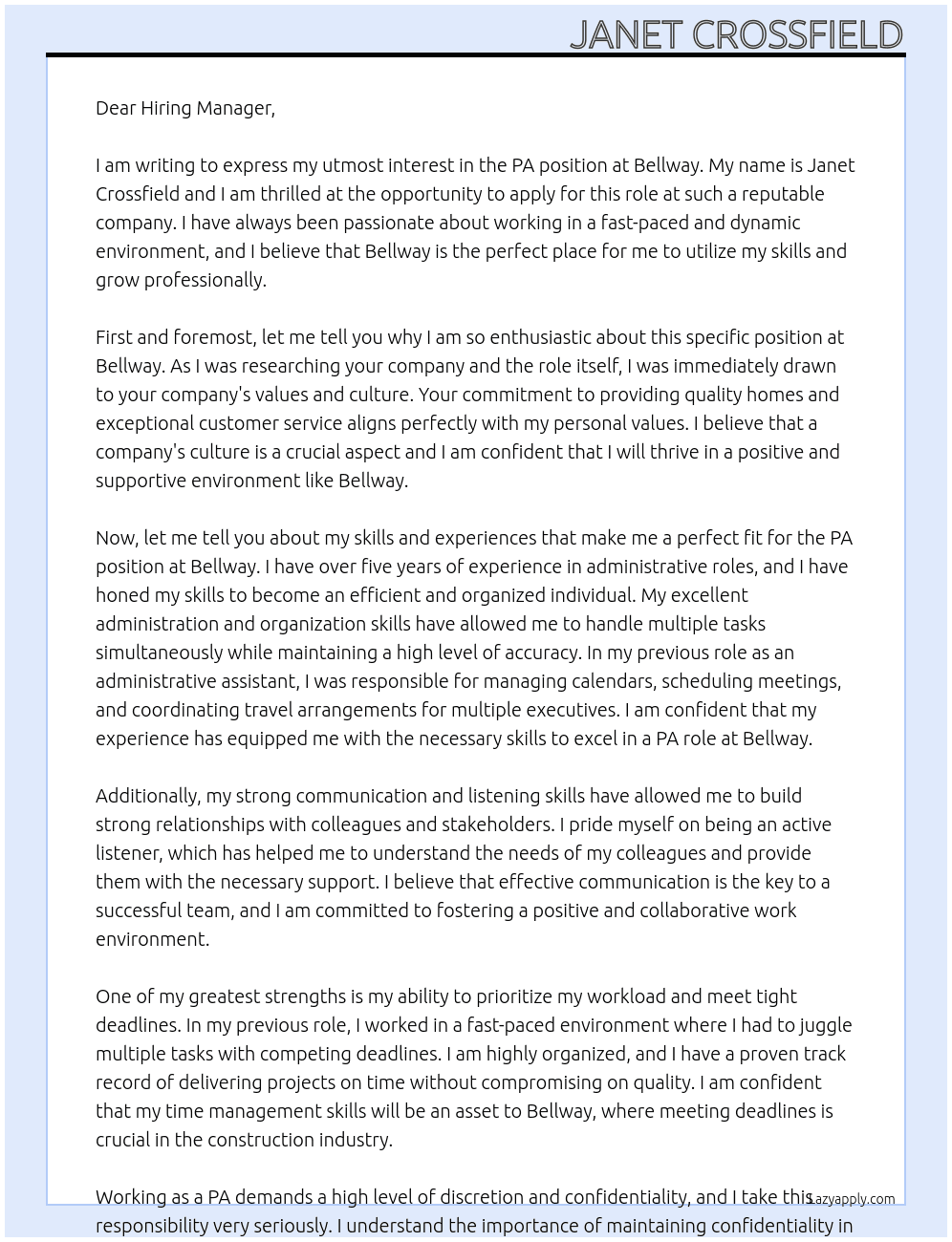 PA  At Bellway Cover Letter