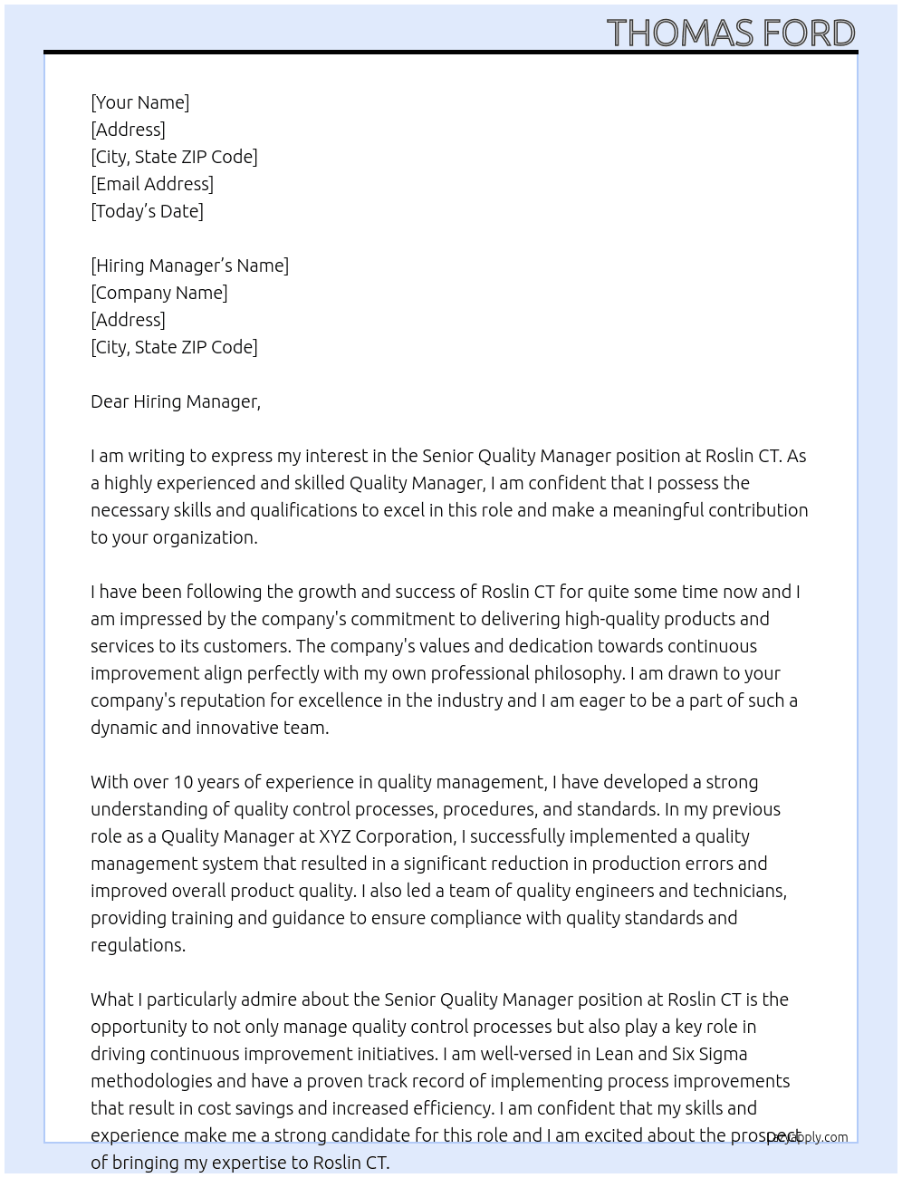 Senior Quality Manager At Roslin CT Cover Letter