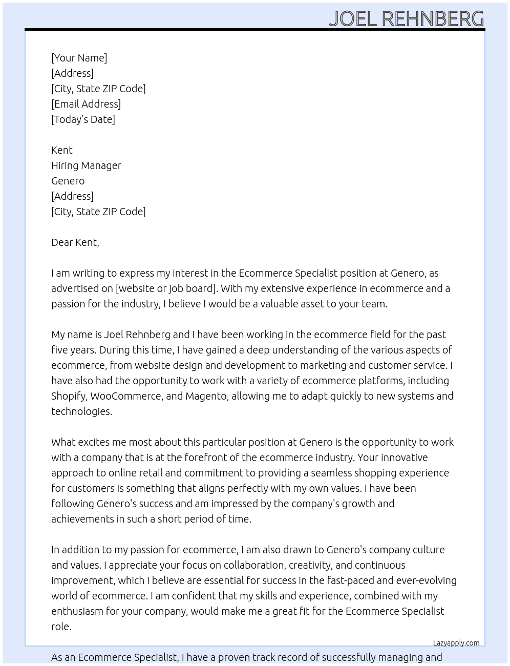 Ecommerce Specialist At Genero Cover Letter